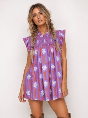 Bucket List Purple Retro Daisy Babydoll Tunic Top Women’s Small Boho